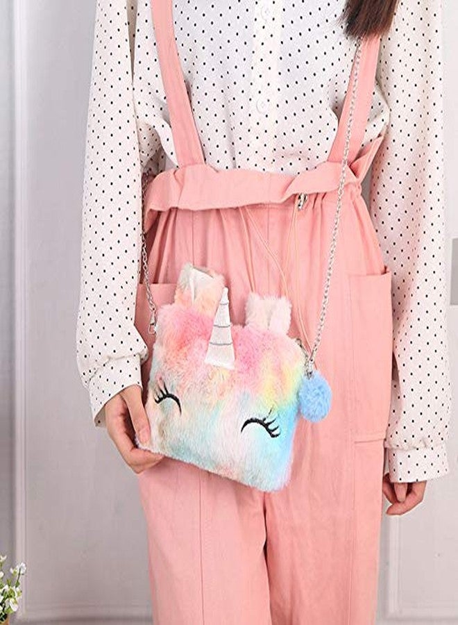 Newfancy Little Girls Kids Toddler Unicorn Tie Dye Fuzzy Plush Crossbody Shoulder Purse Rainbow Faux Fur Handbag - Image 3