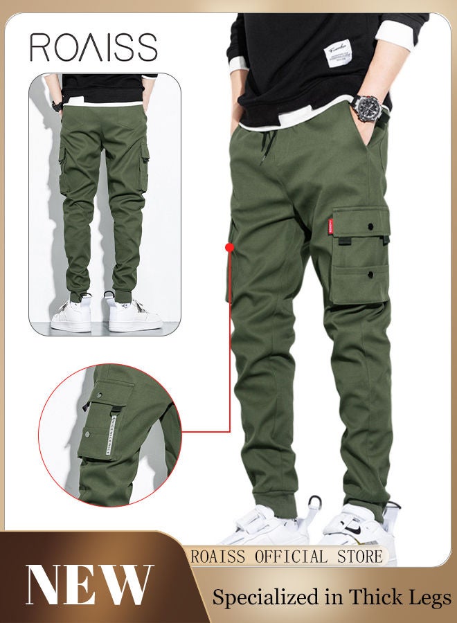 roaiss Men's Cargo Pants Casual Pants Loose Fit Ankle-Tied with Elastic Drawstring Suitable for Various Body Types Casual and Trendy Jogging Pants Comfortable Workout Trousers Multiple Pockets Green  - Image 1