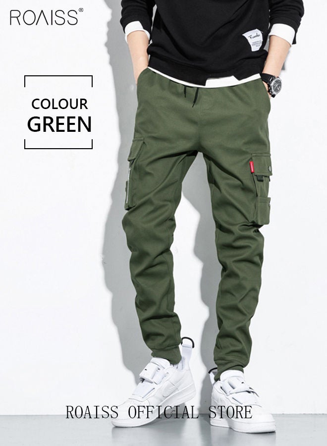 roaiss Men's Cargo Pants Casual Pants Loose Fit Ankle-Tied with Elastic Drawstring Suitable for Various Body Types Casual and Trendy Jogging Pants Comfortable Workout Trousers Multiple Pockets Green  - Image 2