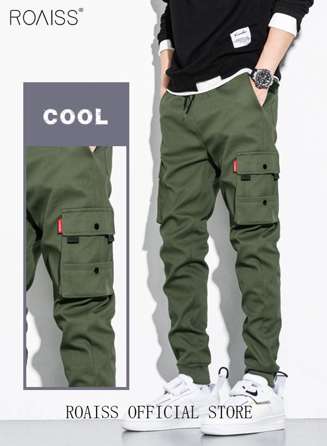 roaiss Men's Cargo Pants Casual Pants Loose Fit Ankle-Tied with Elastic Drawstring Suitable for Various Body Types Casual and Trendy Jogging Pants Comfortable Workout Trousers Multiple Pockets Green  - Image 3