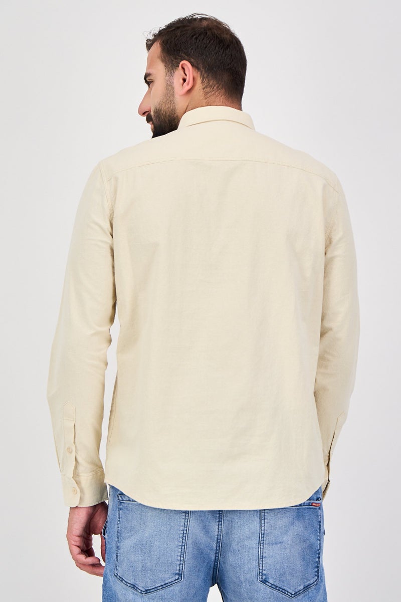 Celio Men Regular Fit Solid Long Sleeve Casual Shirt, Beige - Image 3