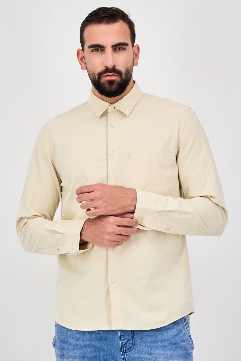 Celio Men Regular Fit Solid Long Sleeve Casual Shirt, Beige - Image 1