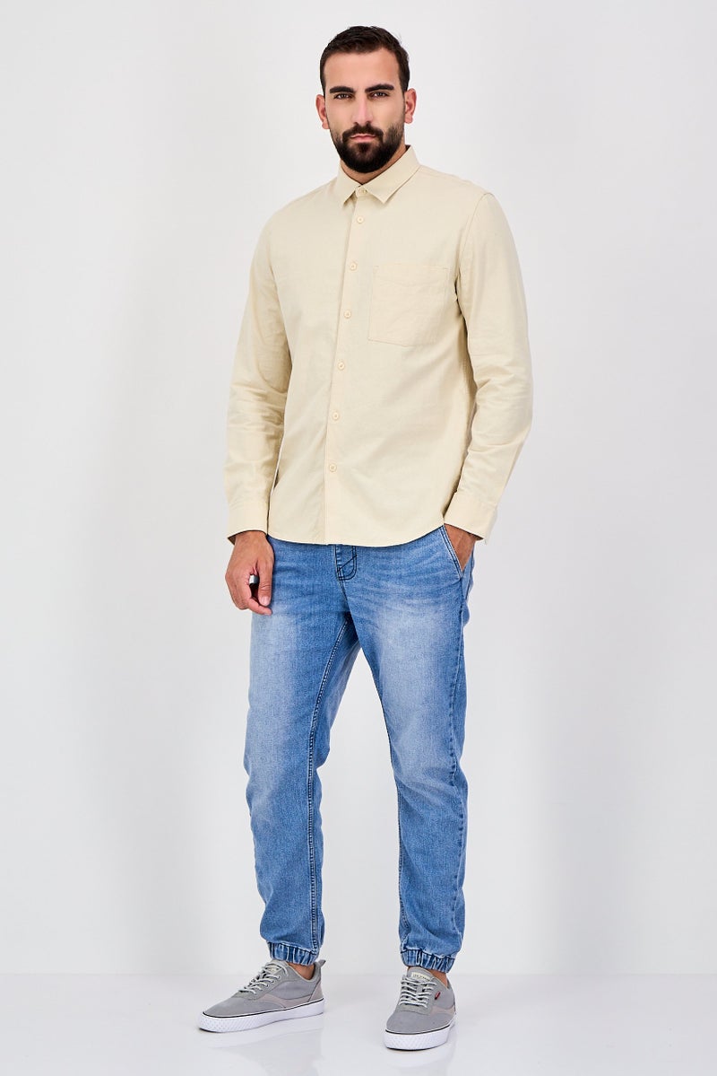 Celio Men Regular Fit Solid Long Sleeve Casual Shirt, Beige - Image 4
