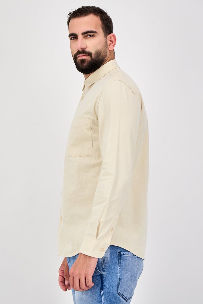 Celio Men Regular Fit Solid Long Sleeve Casual Shirt, Beige - Image 2
