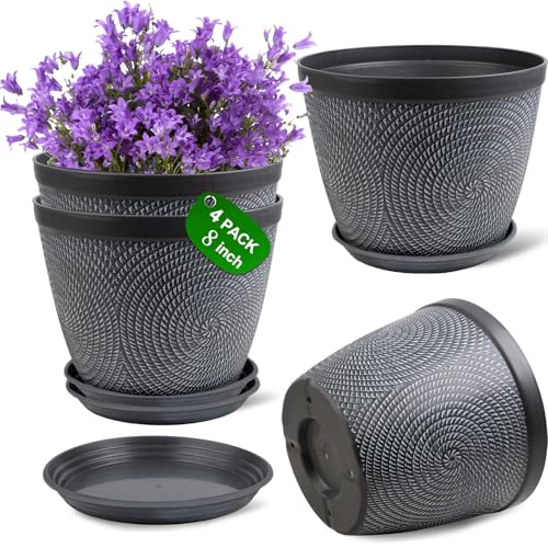 Quarut 4 Pack 8 Inch Flower Pots Planters for Outdoor Indoor Plastic Plant Pots with Drainage Hole Tray Modern Decorative Garden Pot with Saucer planters for House Gray - Image 1