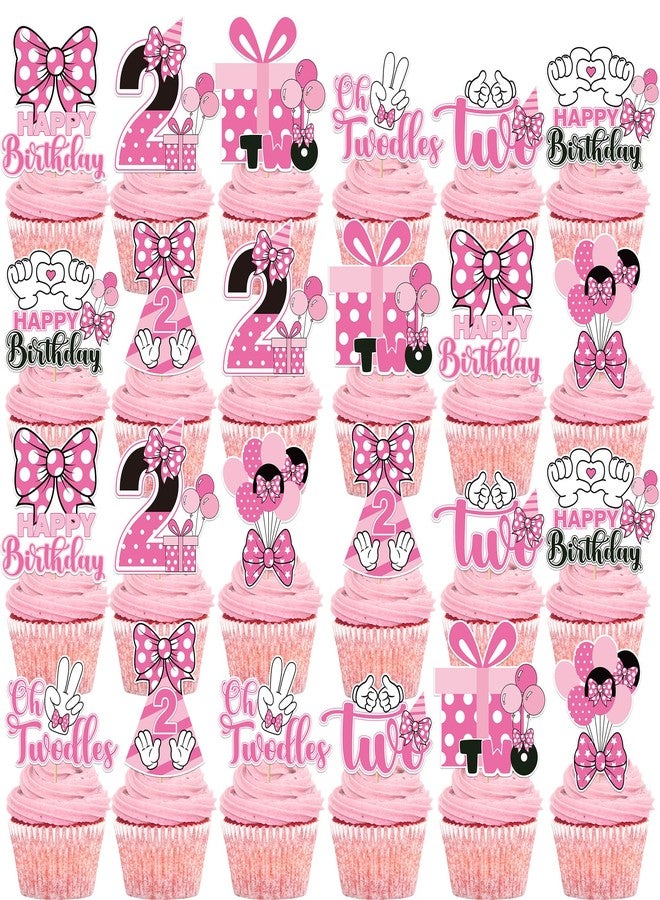 iPartyGo Oh Twodles Cupcake Toppers - 24 Pcs Pink and White Cartoon Mouse Bow Dots Cake Cupcakes Dessert Topper Decor Set 2nd Birthday Party Decorations Supplies Favors for Two Years Old Kids Girls - Image 2
