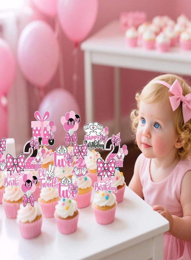 iPartyGo Oh Twodles Cupcake Toppers - 24 Pcs Pink and White Cartoon Mouse Bow Dots Cake Cupcakes Dessert Topper Decor Set 2nd Birthday Party Decorations Supplies Favors for Two Years Old Kids Girls - Image 3