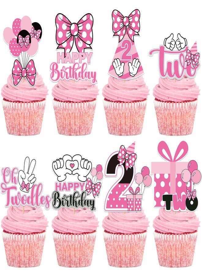 iPartyGo Oh Twodles Cupcake Toppers - 24 Pcs Pink and White Cartoon Mouse Bow Dots Cake Cupcakes Dessert Topper Decor Set 2nd Birthday Party Decorations Supplies Favors for Two Years Old Kids Girls - Image 1