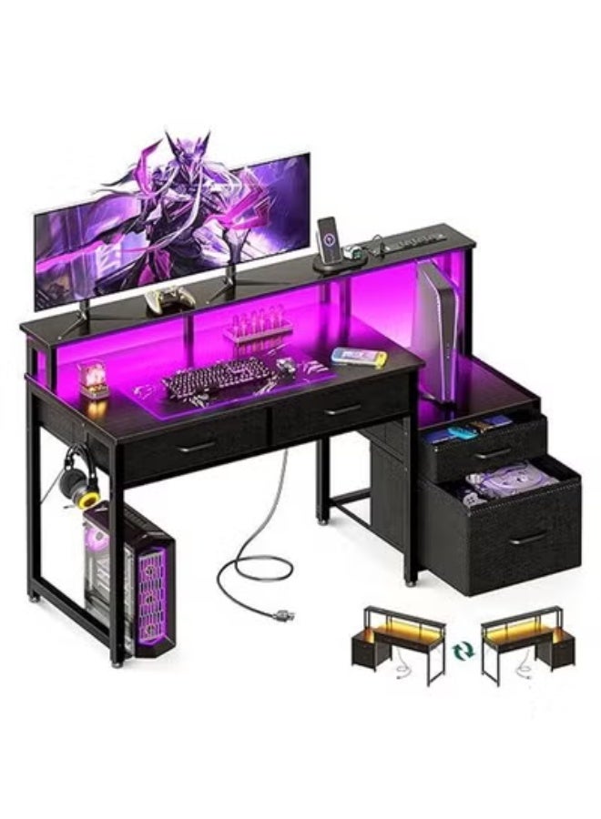 ZCM-HAPPY Computer Desk with Printer Shelf and Power Outlet – Office Desk with LED Strip Lights Workstation Table for Home Office - Image 1