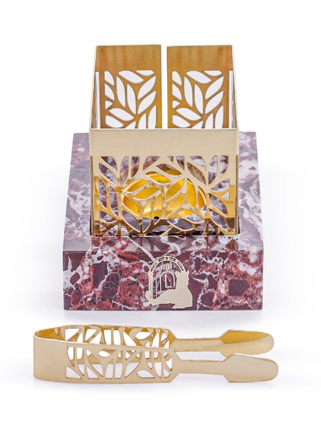 Layers Taj (Rosso Levanto) Small Incense Burner – Natural Marble with Patterned Metal - Image 1