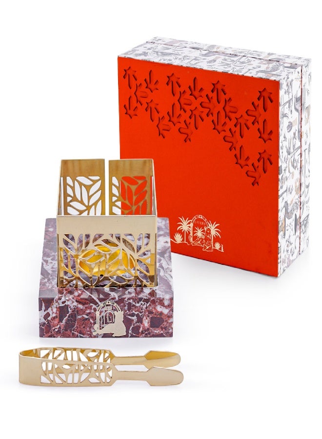 Layers Taj (Rosso Levanto) Small Incense Burner – Natural Marble with Patterned Metal - Image 3