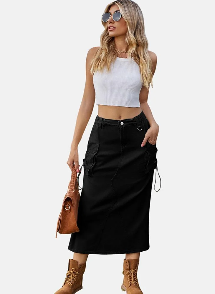 يونيكي Black Mid Rise Plain Midi Skirt
