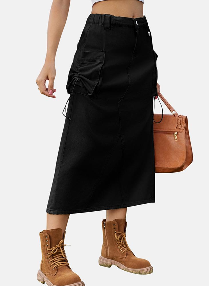 YUNIQEE Black Mid Rise Plain Midi Skirt - Image 3