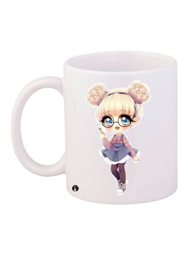 RYN Cartoon Girl Printed Coffee Mug White/Blue/Beige 11ounce