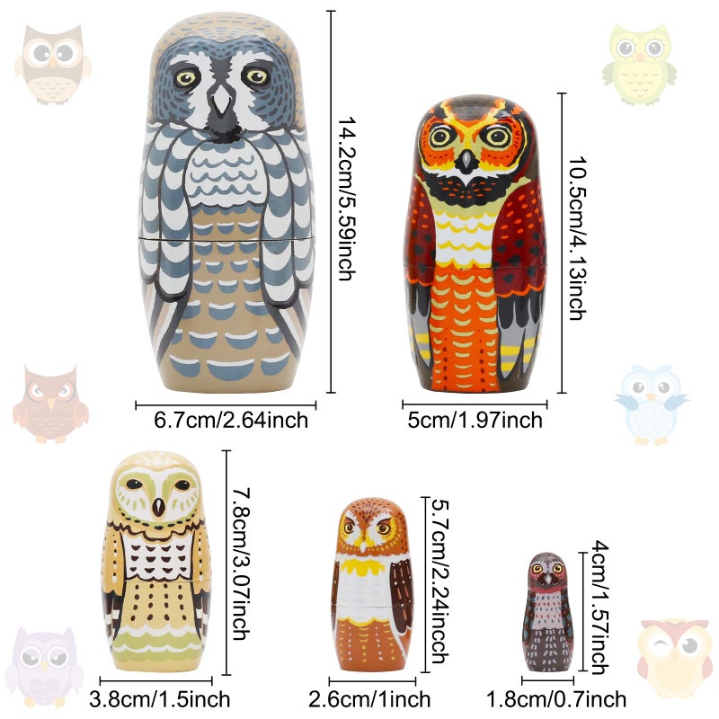 Nepog Set Of 5 Owl Family Nesting Dolls Forest Animals Nesting Dolls Matryoshka Russian Doll Figurines Kids Stacking Dolls For Father'S Day Christmas Birthday Owl Lover Home Decoration - Image 2