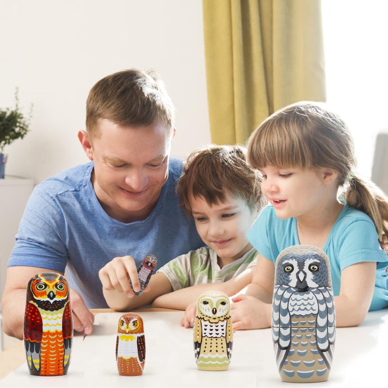 Nepog Set Of 5 Owl Family Nesting Dolls Forest Animals Nesting Dolls Matryoshka Russian Doll Figurines Kids Stacking Dolls For Father'S Day Christmas Birthday Owl Lover Home Decoration - Image 5