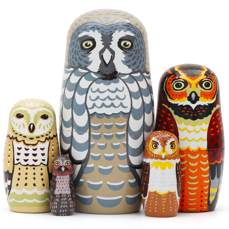 Nepog Set Of 5 Owl Family Nesting Dolls Forest Animals Nesting Dolls Matryoshka Russian Doll Figurines Kids Stacking Dolls For Father'S Day Christmas Birthday Owl Lover Home Decoration - Image 1