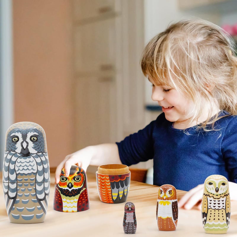 Nepog Set Of 5 Owl Family Nesting Dolls Forest Animals Nesting Dolls Matryoshka Russian Doll Figurines Kids Stacking Dolls For Father'S Day Christmas Birthday Owl Lover Home Decoration - Image 4