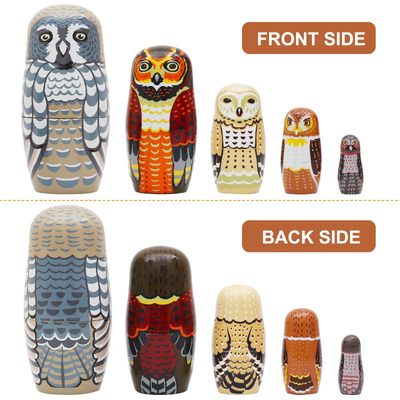 Nepog Set Of 5 Owl Family Nesting Dolls Forest Animals Nesting Dolls Matryoshka Russian Doll Figurines Kids Stacking Dolls For Father'S Day Christmas Birthday Owl Lover Home Decoration - Image 3