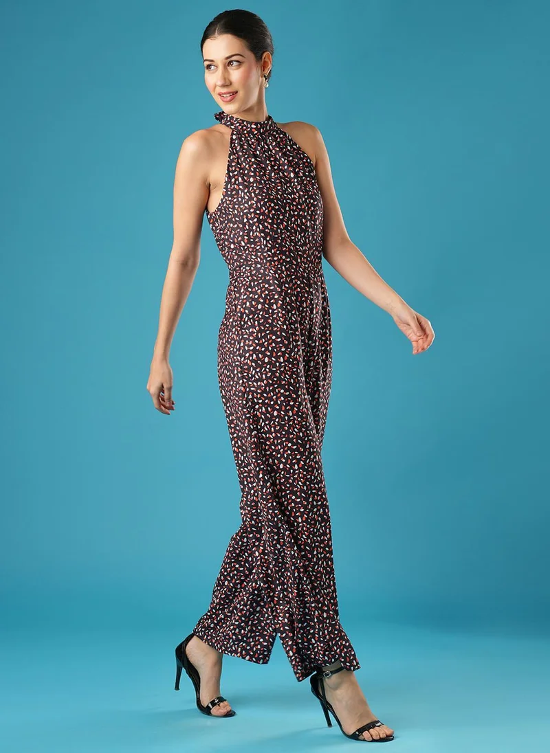 Globus black Globus Women's Black Gathered Detail Abstract Print Casual Jumpsuit with Halter Neck and Zip Closure for Women | Best Price UAE