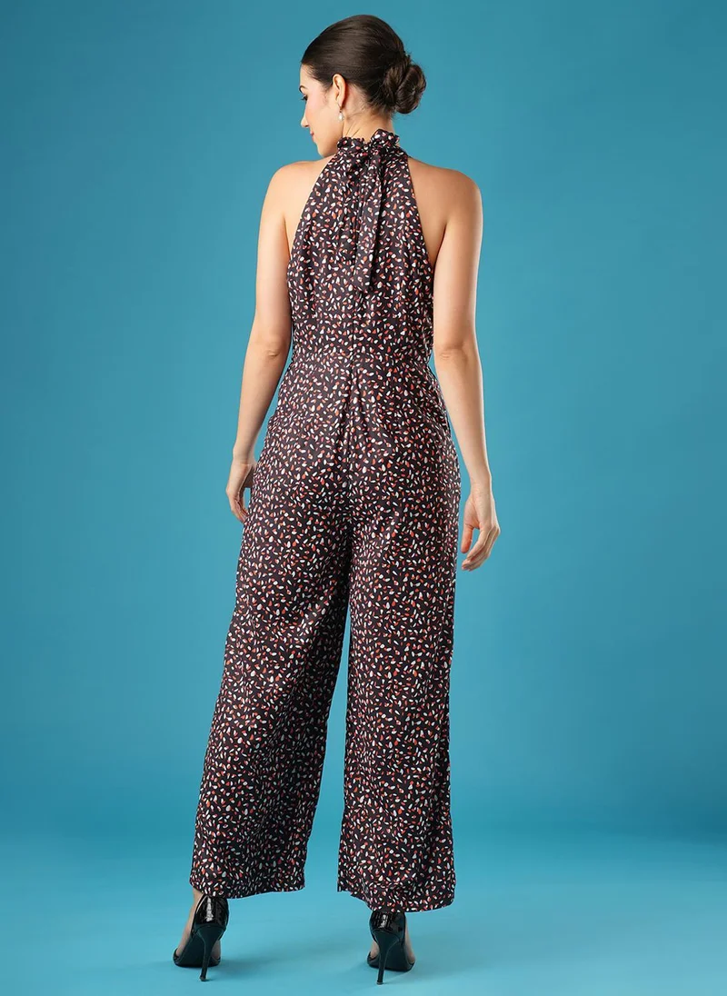 Globus black Globus Women's Black Gathered Detail Abstract Print Casual Jumpsuit with Halter Neck and Zip Closure for Women | Best Price UAE