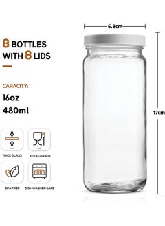 Garlo [ 8 Pack ] 480ml Glass Juicing Bottles Airtight Lids & 2 Straws & 2 Lids w Hole - Reusable Drinking Jars, Travel Water Cups - Tall Mason Jar for Juice, Boba, Smoothie, Tea, Kombucha, Homemade Drinks  - Image 5