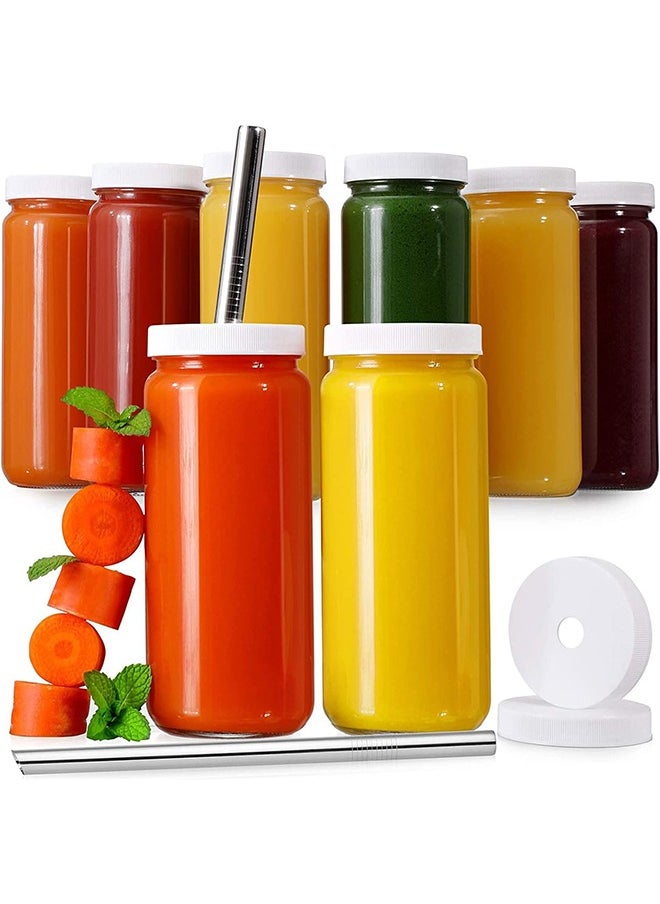 Garlo [ 8 Pack ] 480ml Glass Juicing Bottles Airtight Lids & 2 Straws & 2 Lids w Hole - Reusable Drinking Jars, Travel Water Cups - Tall Mason Jar for Juice, Boba, Smoothie, Tea, Kombucha, Homemade Drinks  - Image 1