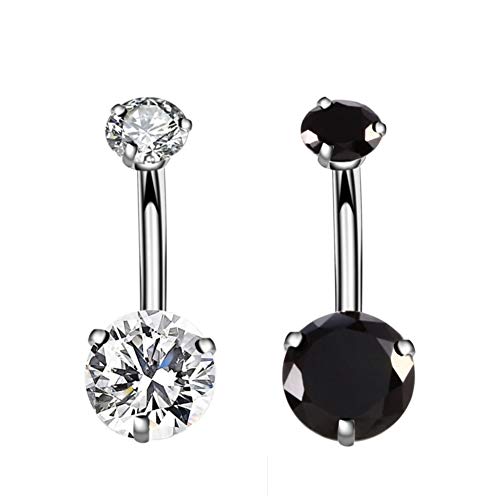 YHMM 14G Surgical Steel Belly Button Rings, Internally Threaded 12mm Long Round CZ Navel Barbell Stud for Women Men (2 Pcs Clear+Black) - Image 5