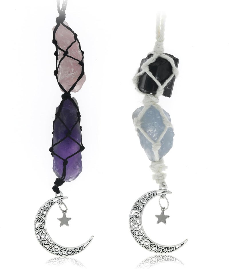 BOHO GARDEN Hanging Car Charm - 2-Pack Rose Quartz & Amethyst + Black Tourmaline & Blue Calcite - Dangling Moon & Healing Crystal Accessories, Rearview Mirror Decorations – Protection, Energy - Image 1