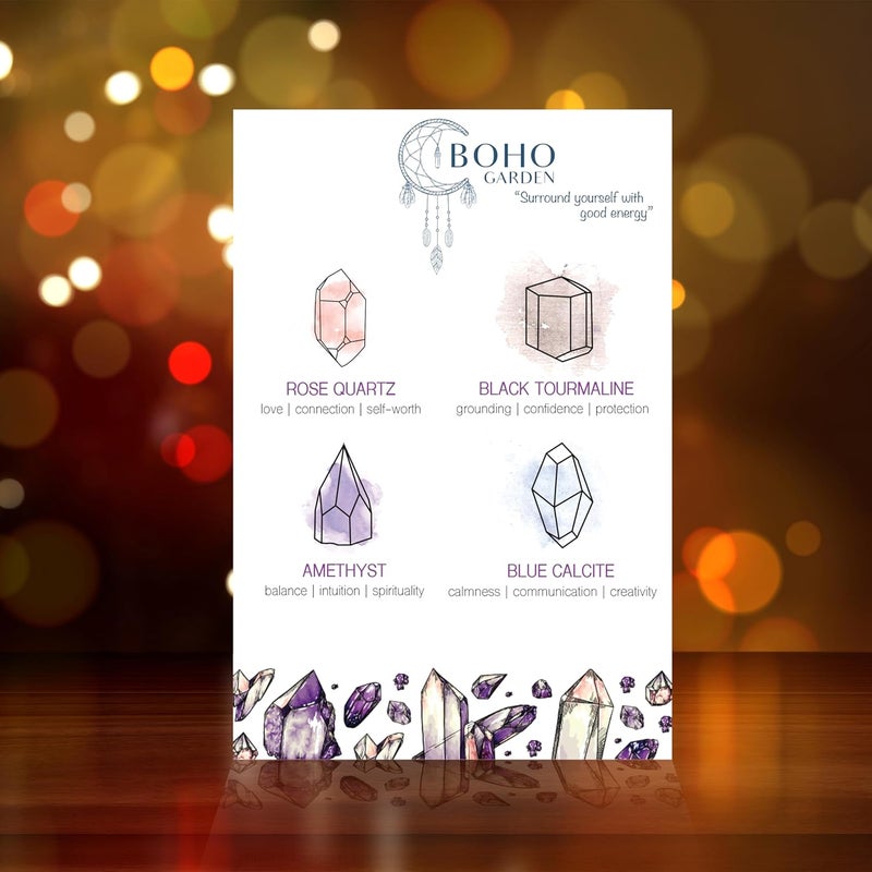 BOHO GARDEN Hanging Car Charm - 2-Pack Rose Quartz & Amethyst + Black Tourmaline & Blue Calcite - Dangling Moon & Healing Crystal Accessories, Rearview Mirror Decorations – Protection, Energy - Image 2