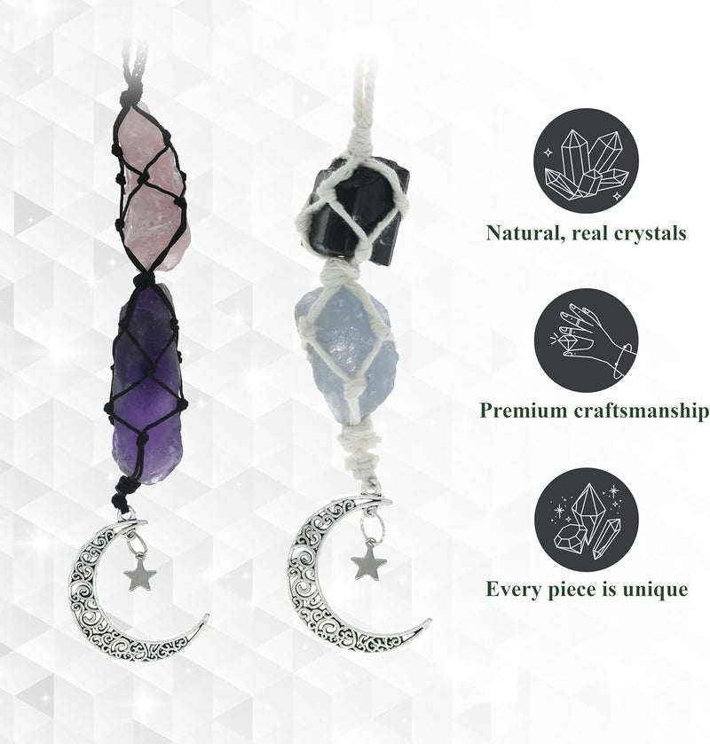 BOHO GARDEN Hanging Car Charm - 2-Pack Rose Quartz & Amethyst + Black Tourmaline & Blue Calcite - Dangling Moon & Healing Crystal Accessories, Rearview Mirror Decorations – Protection, Energy - Image 3
