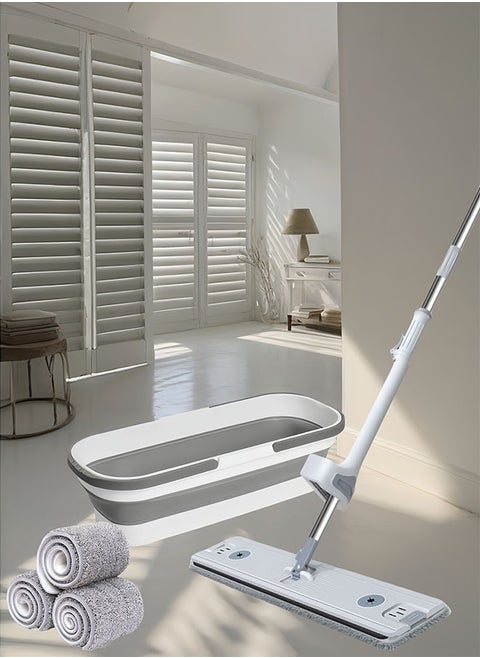 Self Wringing Flat Mop and Folding Bucket Microfiber Mop Pads Hand Free Wringing Floor Clean Mop with 3 Pads for Hardwood Laminate Tile Floor and Window Cleaning