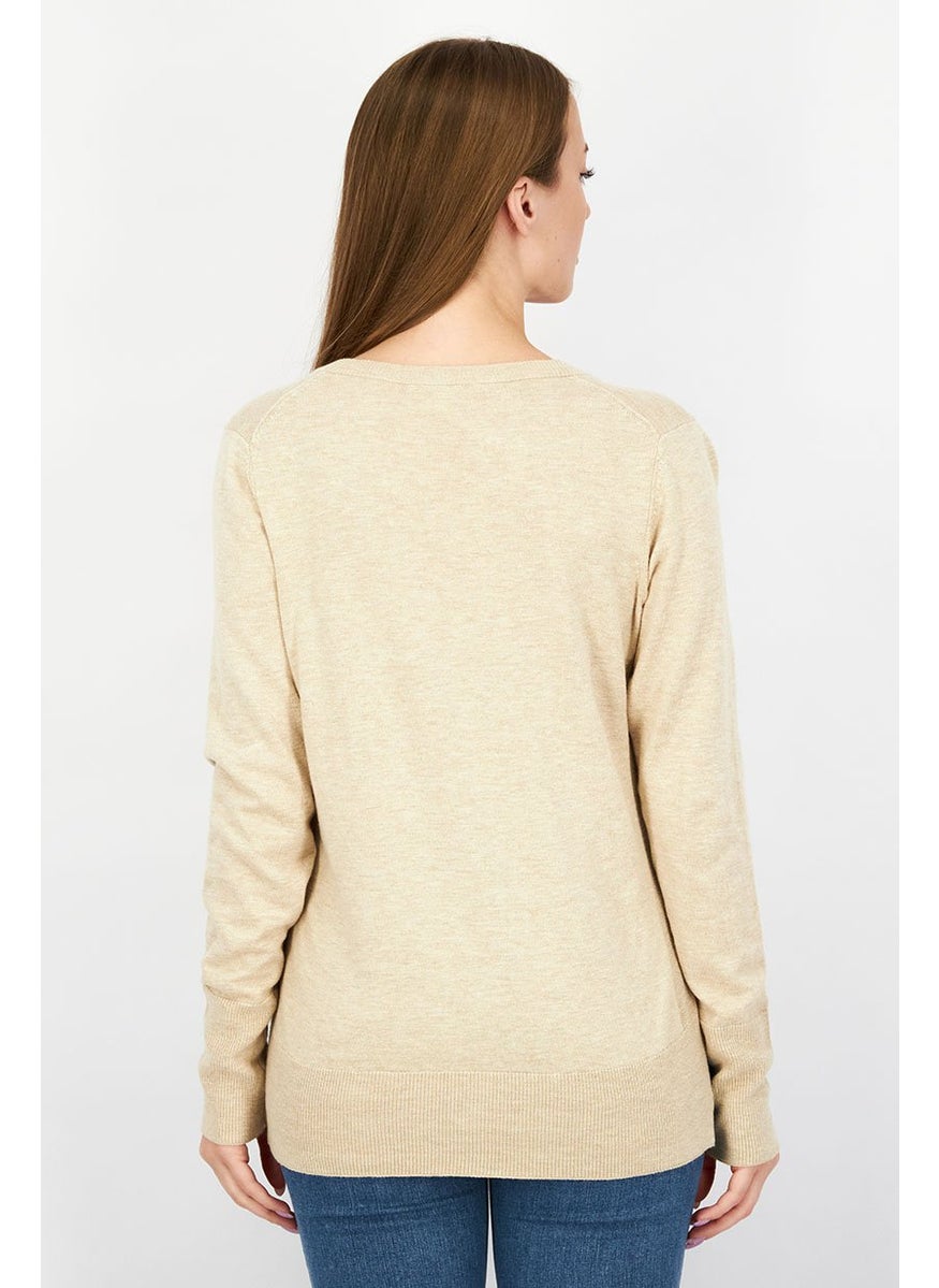 ESPRIT Women V-neck Buttoned Textured Sweater, Beige  - Image 3