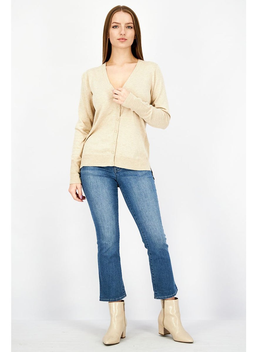 ESPRIT Women V-neck Buttoned Textured Sweater, Beige  - Image 2