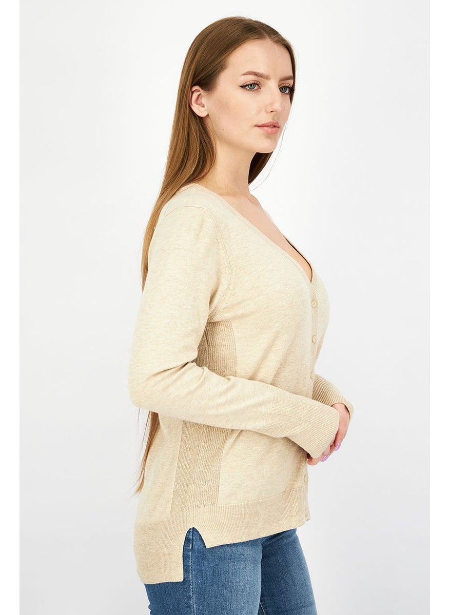 ESPRIT Women V-neck Buttoned Textured Sweater, Beige  - Image 4