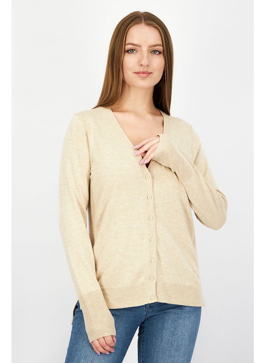 ESPRIT Women V-neck Buttoned Textured Sweater, Beige  - Image 1