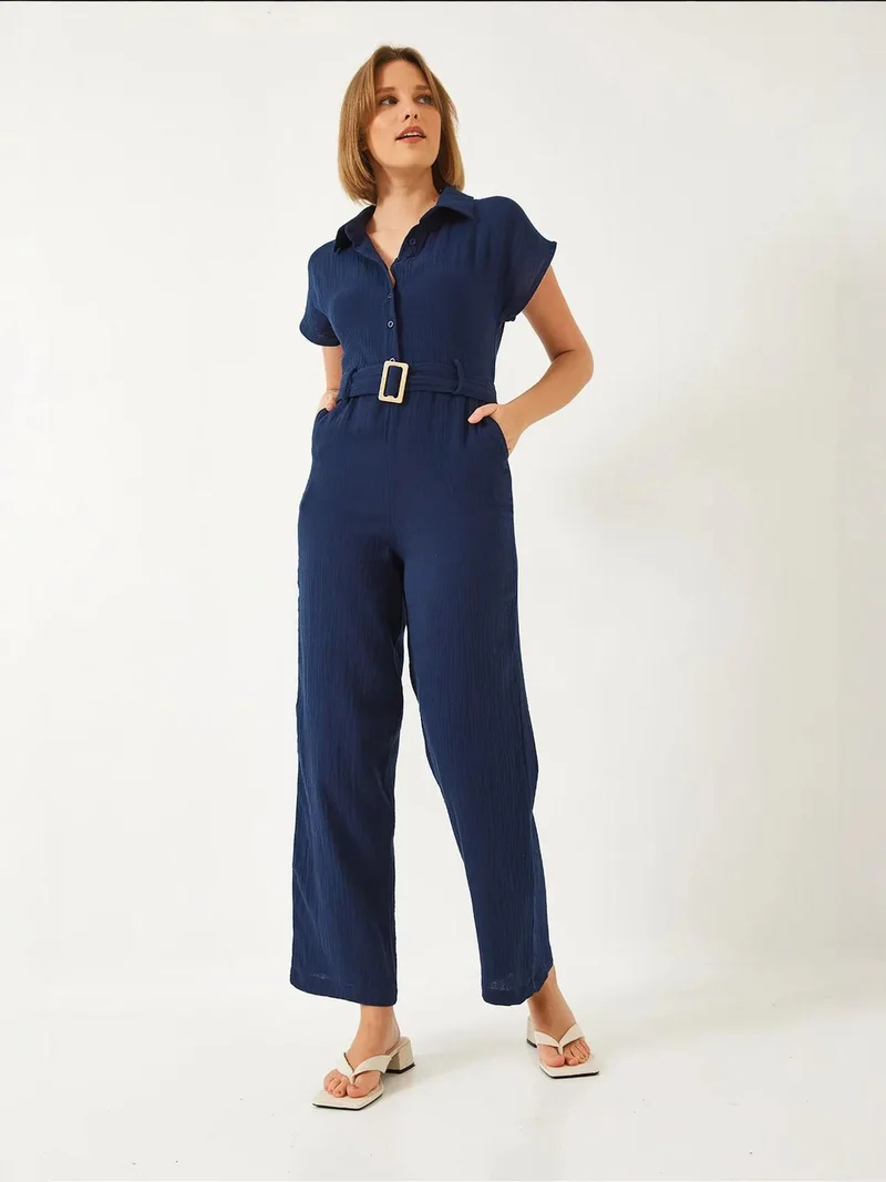 Bianco Lucci Navy Blue LUCCI Long Poplin Jumpsuit with Shirt Collar and Button Closure for Women | Best Price UAE