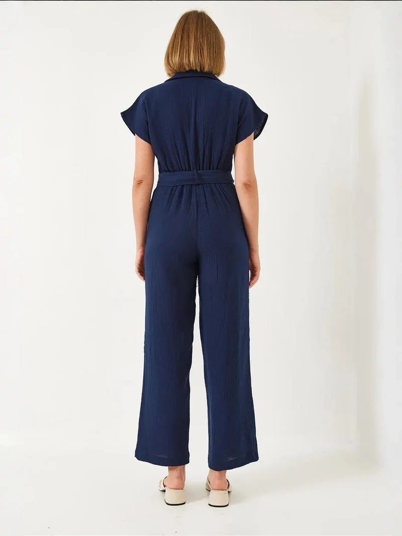 Bianco Lucci Navy Blue LUCCI Long Poplin Jumpsuit with Shirt Collar and Button Closure for Women | Best Price UAE