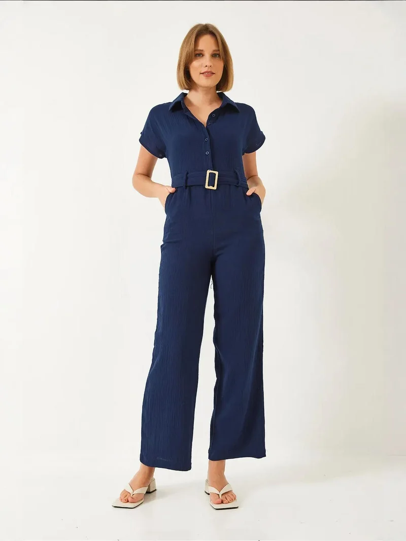 Bianco Lucci LUCCI Long Poplin Jumpsuit with Shirt Collar and Button Closure