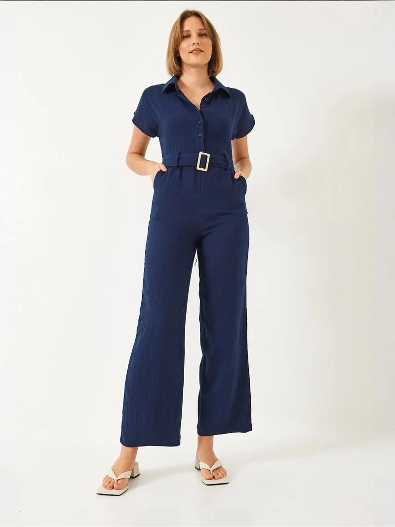 Bianco Lucci Navy Blue LUCCI Long Poplin Jumpsuit with Shirt Collar and Button Closure for Women | Best Price UAE
