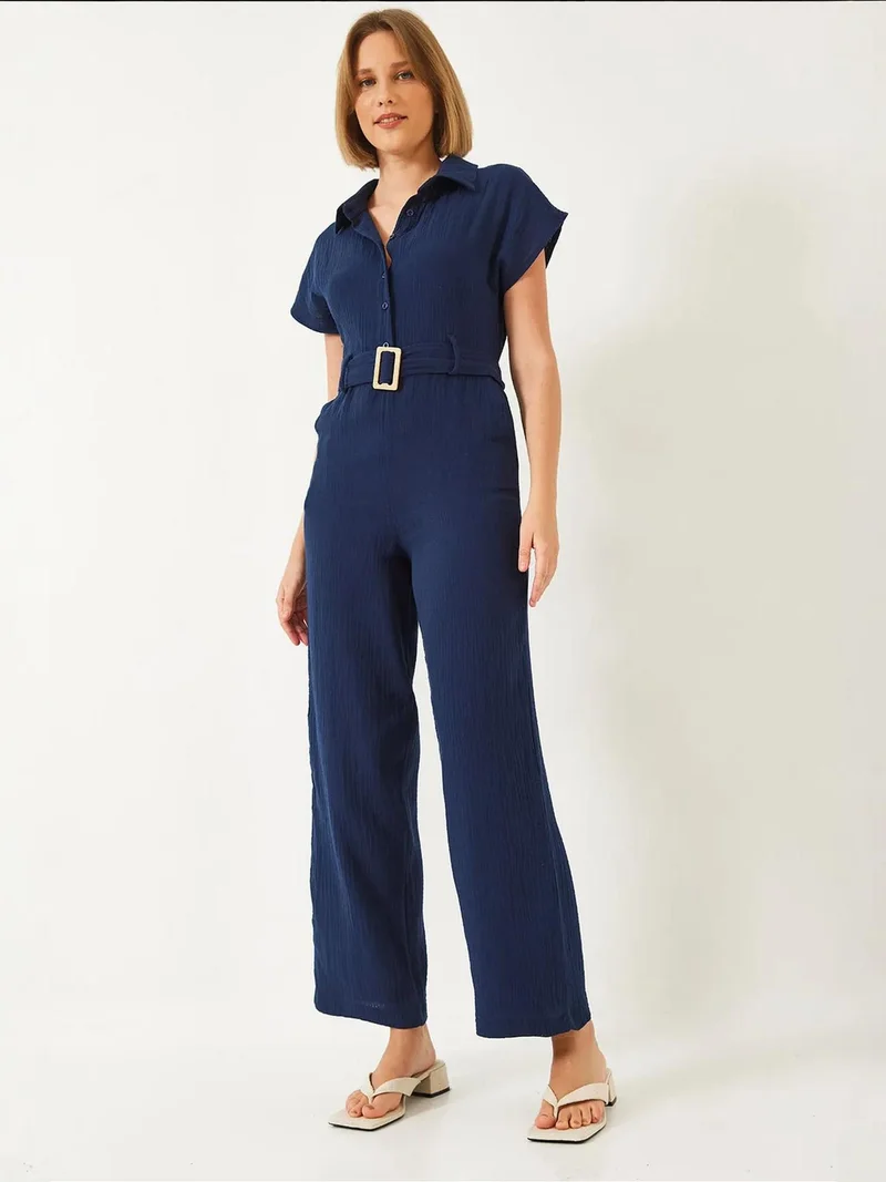LUCCI Long Poplin Jumpsuit with Shirt Collar and Button Closure