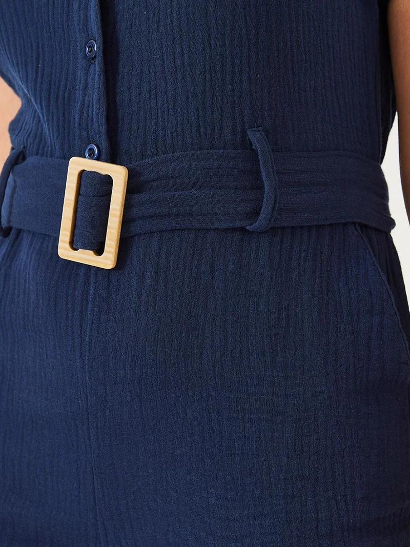 Bianco Lucci Navy Blue LUCCI Long Poplin Jumpsuit with Shirt Collar and Button Closure for Women | Best Price UAE