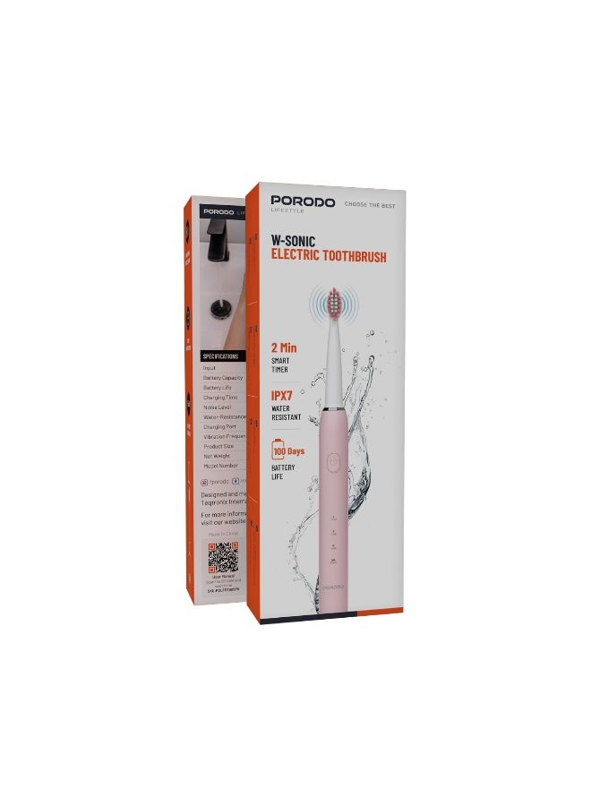 porodo W-Sonic Electric Toothbrush with 100 Days Battery Life & Professional Sonic Cleaning / Low Noise Operation / IPX7 Water Resistant / 2 min Smart Timer - Pink - Image 4