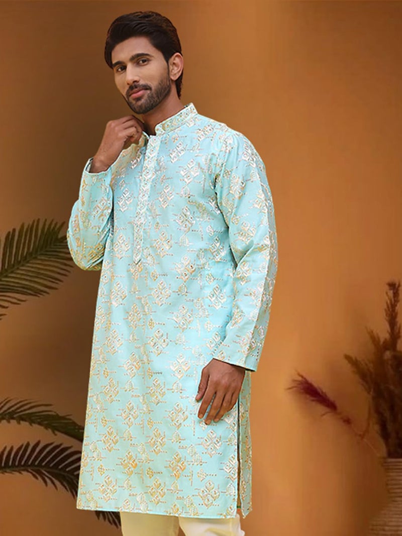 Jompers Men's Embroidered Silk Blend Kurta in Light Blue - Image 2