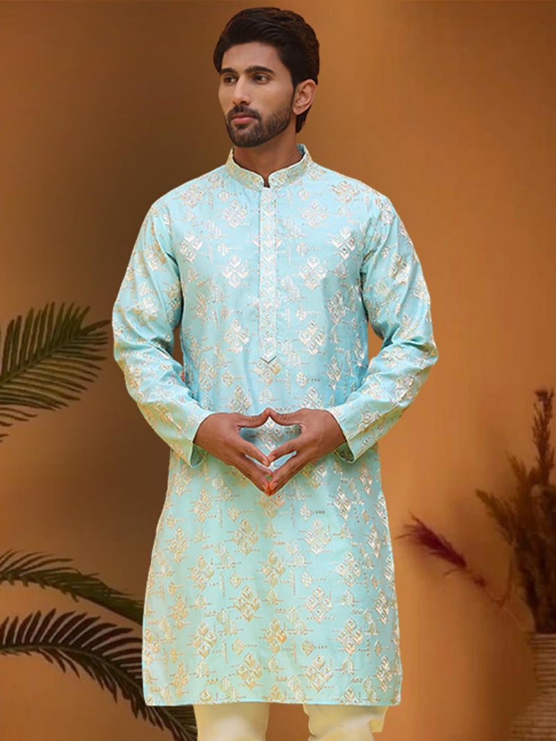 Jompers Men's Embroidered Silk Blend Kurta in Light Blue - Image 5