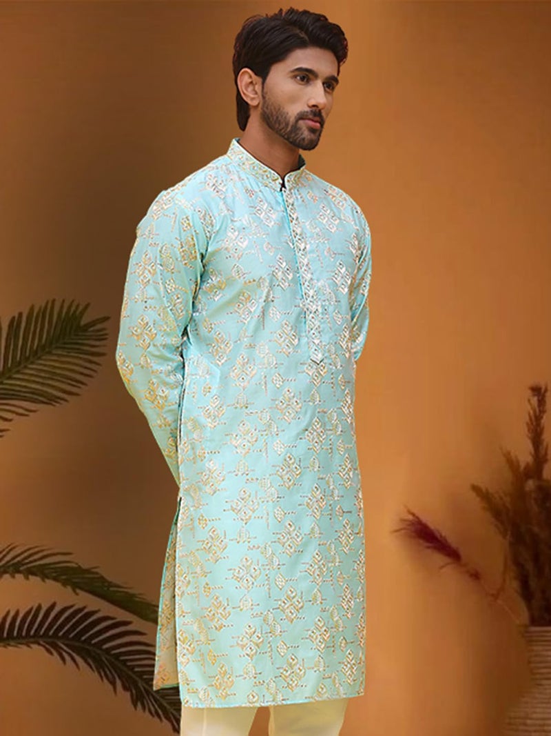 Jompers Men's Embroidered Silk Blend Kurta in Light Blue - Image 4