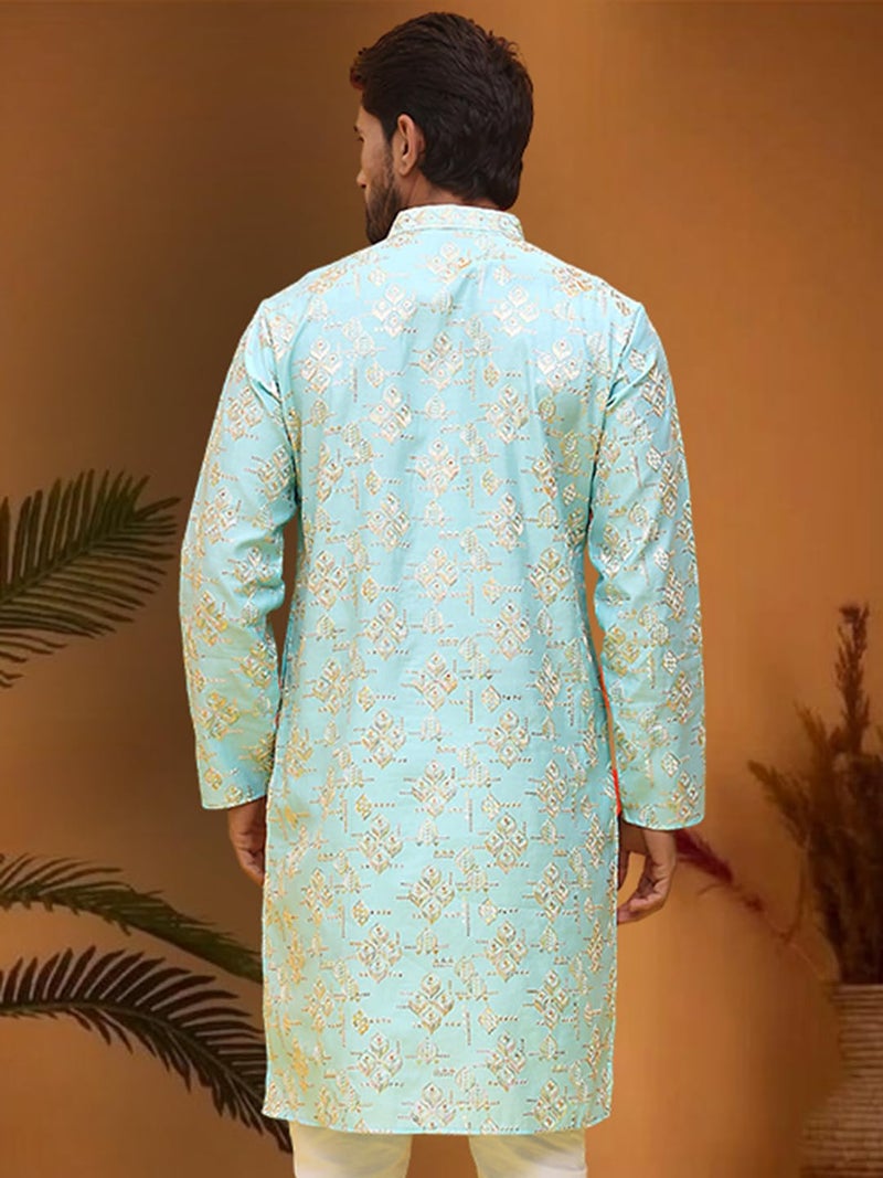Jompers Men's Embroidered Silk Blend Kurta in Light Blue - Image 3