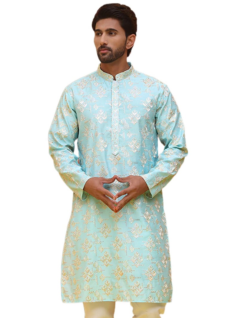 Jompers Men's Embroidered Silk Blend Kurta in Light Blue - Image 1