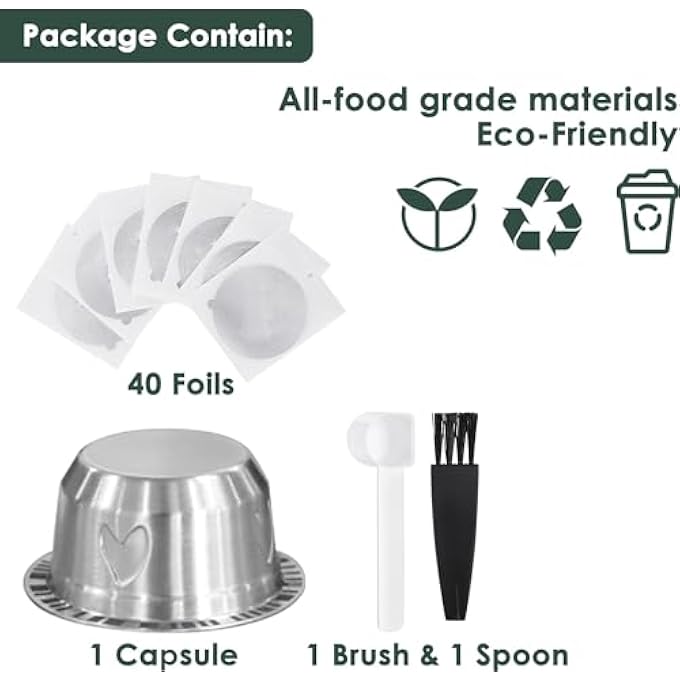 Azonee For Vertuo Reusable Pods Kit Refillable For Vertuo Capsule Reusable Stainless Steel For Vertuo Pod Kit With 40 Foil Lids Spoon Brush Brew 78Oz For Vertuoline Machine - Image 5