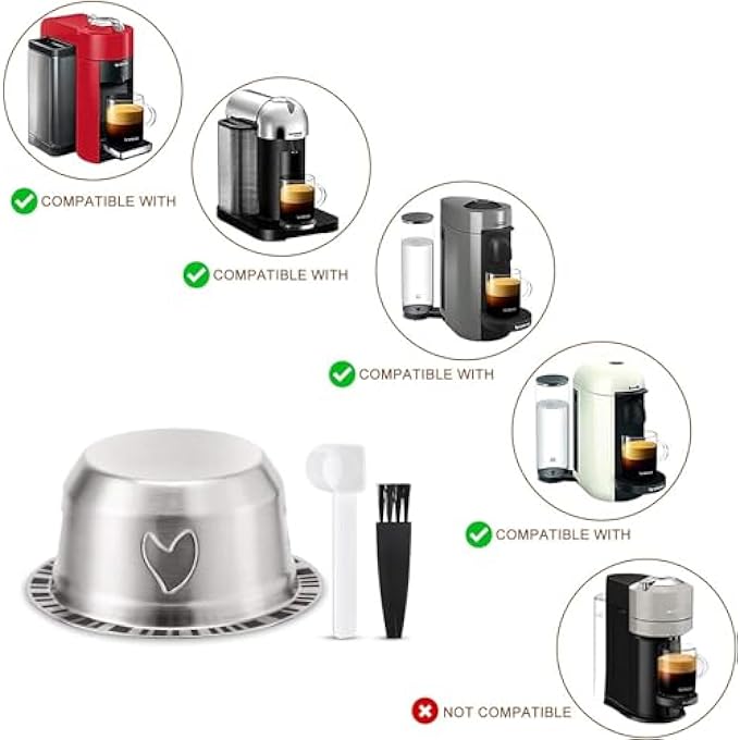 Azonee For Vertuo Reusable Pods Kit Refillable For Vertuo Capsule Reusable Stainless Steel For Vertuo Pod Kit With 40 Foil Lids Spoon Brush Brew 78Oz For Vertuoline Machine - Image 2